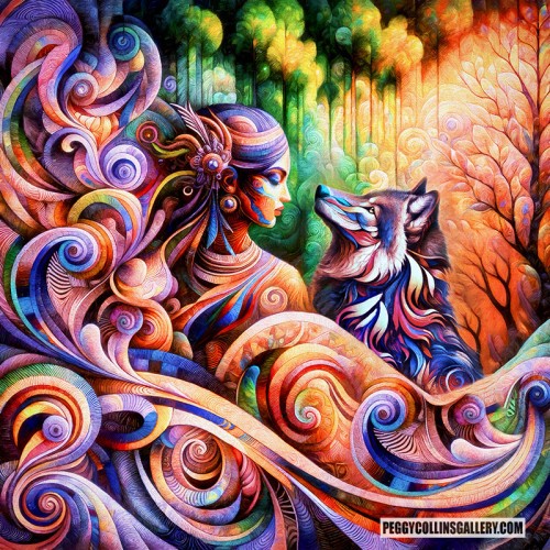 Colorful artwork of a woman in the forest communicating with a wolf, by artist Peggy Collins.