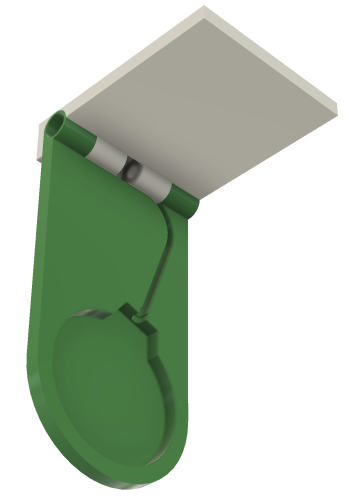 CAD rendering of a hinged phone charger.  The part that flips down has a cutout for an Apple MagSafe charger and cord.  The part that doesn't is just a rectangle.  The two parts have a hinge between them.