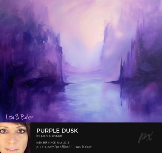 A serene purple and pink landscape depicts a tranquil river flowing between high cliffs. The scene is bathed in a soft, glowing light that suggests either dawn or dusk, contributing to the calming atmosphere of the piece.
