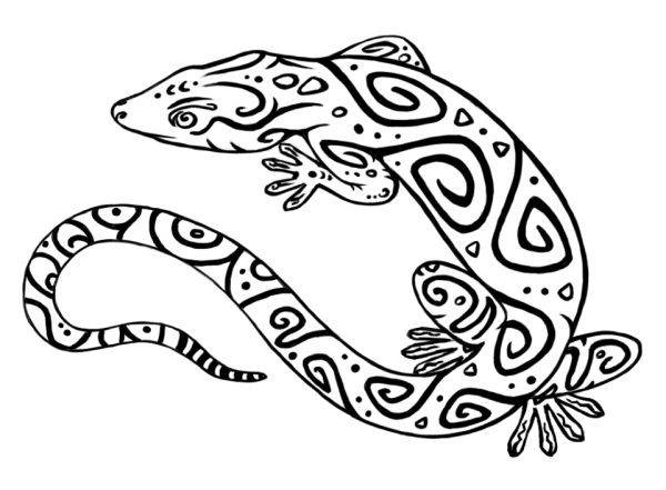 Drawing of a lizard made of thick black lines, filled with spirals, circles and dots.