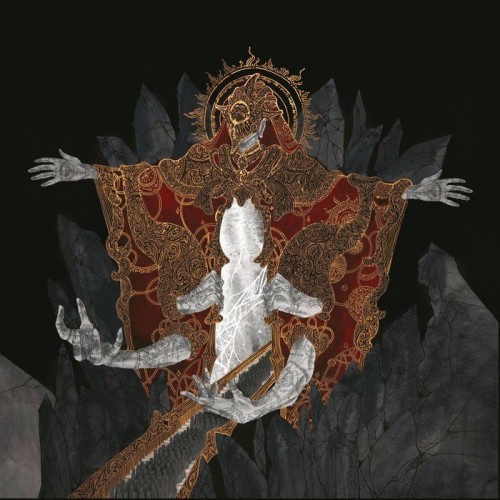 Abstract artwork of DVNE’s upcoming record Voidchild. Featuring a four-armed humanoid figure on a black throne dressed in red and golden robe.