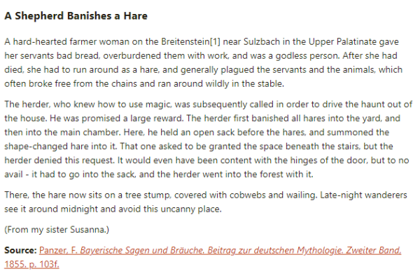 German folk tale "A Shepherd Banishes a Hare". Drop me a line if you want a machine-readable transcript!