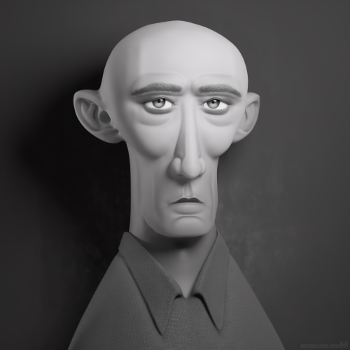 3D portrait sculpture of a bald man, glancing into the camera.