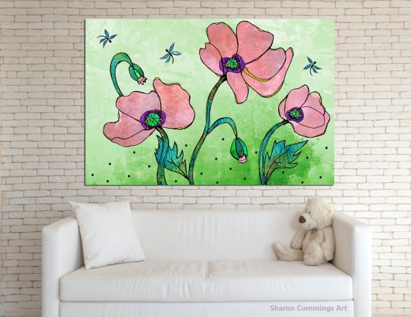 Pink poppies in a green garden with blue dragonflies flying around by artist and poet Sharon Cummings.  Haiku in post.