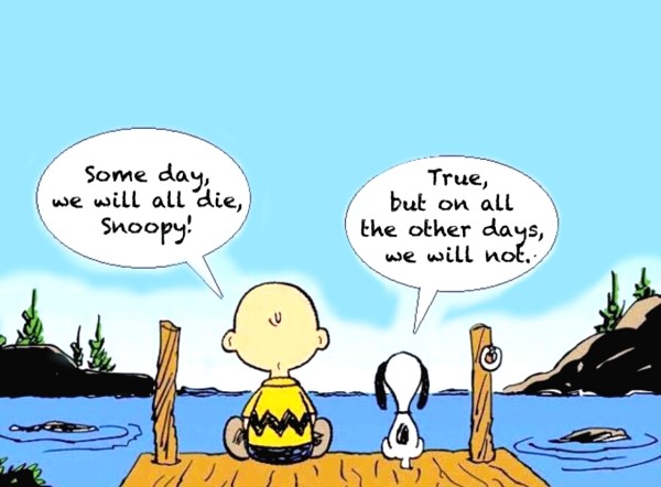 PEANUTS cartoon of Charlie Brown and Snoopy sitting on a pier, and Chuck saying "Some dav, we will all die, Snoopy!" and Snoopy replying "True, but on all the other days we will not."