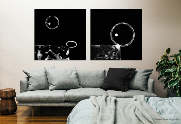 Black and white modern art with geometric circles by artist Sharon Cummings.