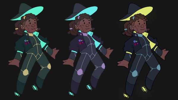 3 coloured versions of the same character.

It's a girl in a net running divesuit and a jacket with punk pins and neon accents. She has gravity shoes and a witch hat.

Colour combinations: yellow green, purple cyan, blue yellow