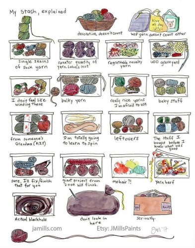 Cartoon poster humorously explaining how a yarn stash is organized - so funny! Shows multiple clear containers, each one labeled with captions like Really nice yarn I'm afraid to use and Black hole