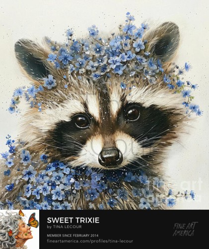 This is a portrait of a whimsical raccoon with a sweet face covered in blue blossom flowers with a white background. 
