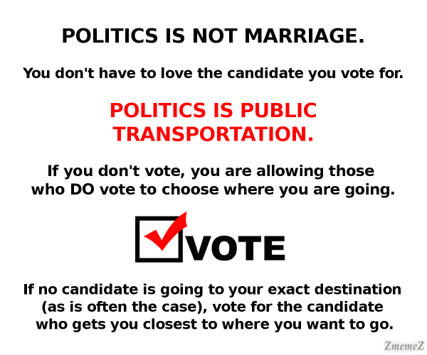 Meme with the text:

Politics is not marriage.

You don't have to love the candidate you vote for. 

Politics is public transportation.

If you don't vote, you are allowing those who DO vote to choose where you are going. 

Vote.

If no candidate is going to your exact destination (as is often the case), vote for the candidate who gets you closest to where you want to go. 