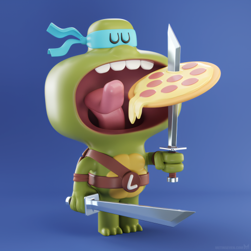 Cartoon-style 3D rendition of Leonardo from the Teenage Mutant Ninja Turtles, eating a whole pizza, using his sword as a fork.