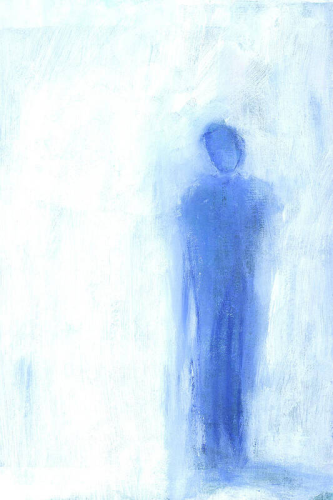 Thinking of you is an acrylic painting in portrait format painted by the artist Karen Kaspar.
An abstracted human figure stands thoughtfully alone in a room or outdoors. The textured background is abstractly painted in shades of white and light blue, the person in various shades of blue.