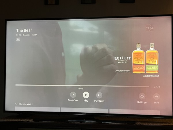 Still tv screen from a paused viewing of the FX series, “The Bear.” On pause a popup ad for Bulleit Whisky appears to the right.
