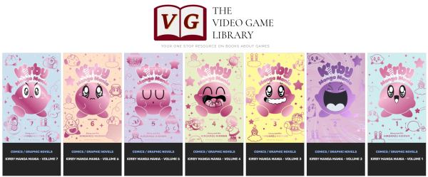 A series of 7 book covers from the Kirby Manga Mania series.