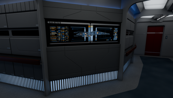Wall display on the USS Cerberus corridor, showing a blue LCARS display with a side map of the whole ship alongside some control buttons