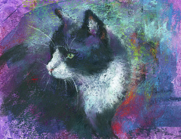 The Tuxedo Cat Portrait is a pastel painting in landscape format, painted by the artist Karen Kaspar. On an abstracted background in bright shades of blue, turquoise, green, red and purple, you see a black and white Tuxedo cat with white spots on its head and chest in profile, sitting and looking to the left. 
