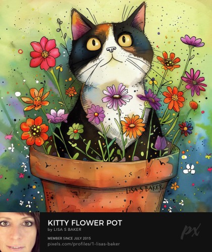 A whimsical drawing features an adorable cat with wide eyes sitting inside a terracotta flowerpot surrounded by a variety of colorful flowers. The background is a cheerful blend of yellows and greens speckled with floating white dots, adding to the playful nature of the scene. 