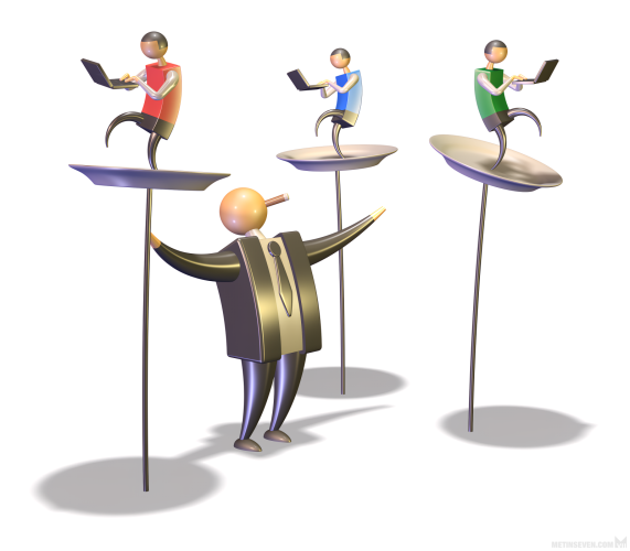 Stylized 3D illustration, showing a manager in a suit with a cigar, keeping plates spinning on sticks. Developers are balancing on the plates.