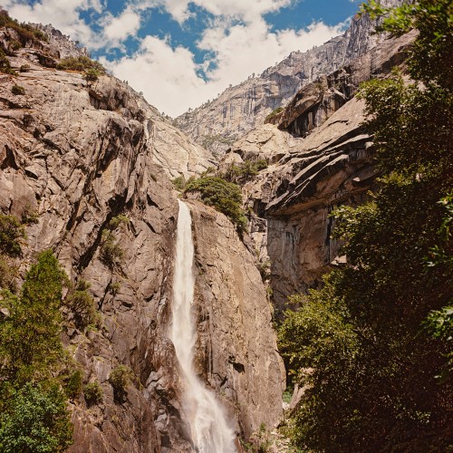 a scan of a square color film negative of a waterfall in yosemite national park