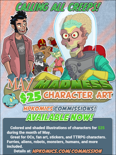 Poster advertising $25 character art at https://www.hpkomics.com/commission/