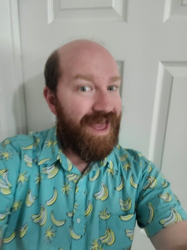 Filtered selfie of a balding, bearded white man with blue eyes wearing a light blue, short sleeved button up shirt covered in bananas.