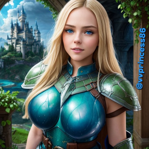 Al art of my likeness with accurate depiction of my body, face and hair created in a program using my own personal actual photos. My long blonde hair is down. I am wearing metallic green armor next to me is a wooden pole with ivy and in the back is a huge castle. Around me is more ivy. (Unfiltered version)