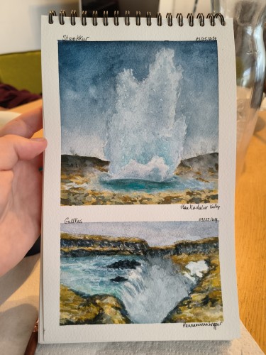 Two watercolor paintings, one of a geysir on top, and one of a waterfall on the bottom