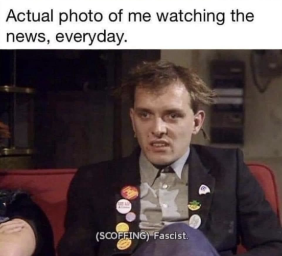 Actual photo of me watching the news, everyday.

Rik Mayall from The Young Ones sitting on a couch with text underneath him that says
[SCOFFING] Fascist.