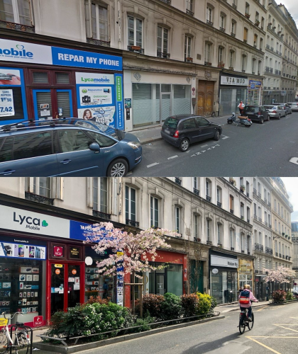 Oben: Straße in Paris mit parkenden Autos Unten: Selbe Straße mit Pflanzen, autofrei