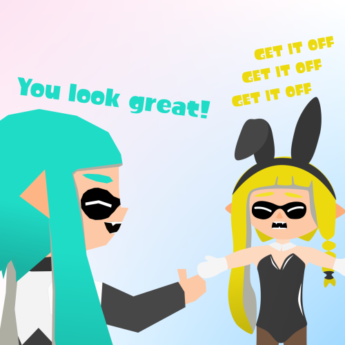 An inkling girl on the left (Summatia) with a thumb up saying "You look great!" to another inkling girl on the right (Integrelle) in a bunny suit who's yelling "GET IT OFF" repeatedly.