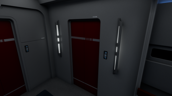 Door on the USS Cerberus corridor, flanked by two dark grey light sconces. They are vertically very long and look like a 1/4 of a cylinder tube.