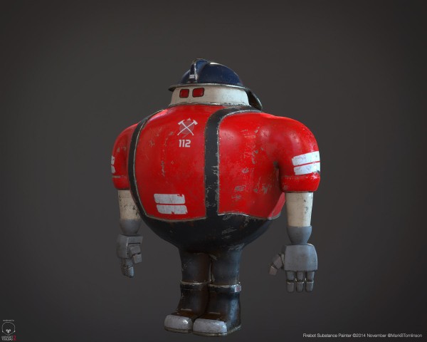 Red firebot model in scratched and battered metal.