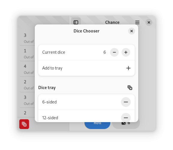 The dice chooser dialog in Chance. The "Dice tray" section header is written in sentence case, and the reset button to its right has no label.
