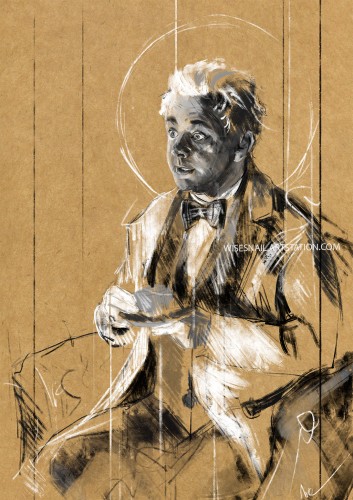 Digital sketch of Michael Sheen as Aziraphale. The background imitates brown paper, and the sketch is black, white and grey. Aziraphale is holding a teacup while sitting on a barely outlined armchair. A thin white halo surrounds his head.
