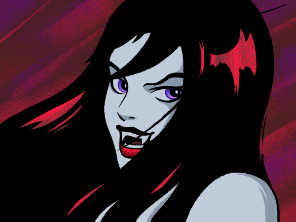 An illustration of Thorn, lead singer of the Hex Girls from Scooby Doo drawn in a rough, comic book style framed in reds and purples. 