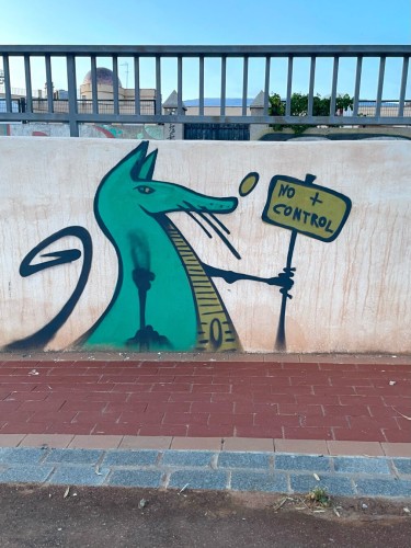Graffiti on a wall: an animal that could be a rat, but green and somehow a little dragon-like holds a sign: “NO + CONTROL“.