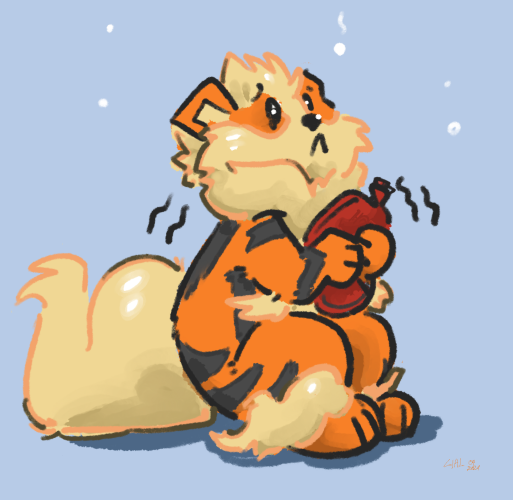 the legendary fire dog pokemon arcanine. it's huge and fluffy, but sits on his hind legs here hugging a hot water bottle and shivering as little snowflakes start to fall. let him inside :( he's cold