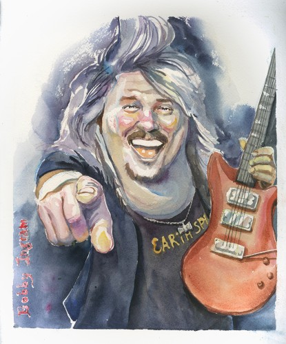 Watercolor image of older man with long white hair holding a guitar in one hand and pointing at viewer with the other hand. 