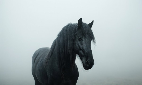 Color photo showing a black horse standing in fog.