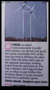 A newspaper clipping depicting a photograph of wind turbines and the text: 
THESE so-called 'environmentally friendly' wind turbines are all well and good, but surely statistically 50% of the time the wind is blowing the other way? This will make them spin in the opposite direction, sucking power from the grid instead. I'm only a butcher and I figured that out, so what we pay boffins like Professor Brian Cox fat research grants for is anybody's guess. 
Adrian Newth, Stratford upon Avon