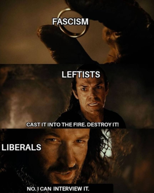 Lord of the Rings scene: Ring labelled "Fascism" Elrond labelled "Leftists" says "Cast it into the fire. Destroy it" Holder labelled "Liberals" saying: "No. I can interview it". 