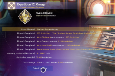 Expedition summary screen from the Anomaly, showing the amount of units, nanites, and quicksilver earned while completing the expedition
