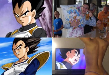 A dislike/like meme. Panel 1: Vegeta looking annoyed. Panel 2: A man in a bar raising a glass of beer towards the viewer while clutching a dakimakura in his other hand. Panel 3: Vegeta grinning. Panel 4: A mostly-naked woman with her arms over her head, facing a TV screen. On the screen is Vegeta, looking shocked.