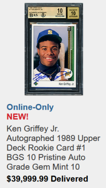 screenshot from Costco promo, showing a Ken Griffey autographed rookie card for the low, low price of $39,999.99.