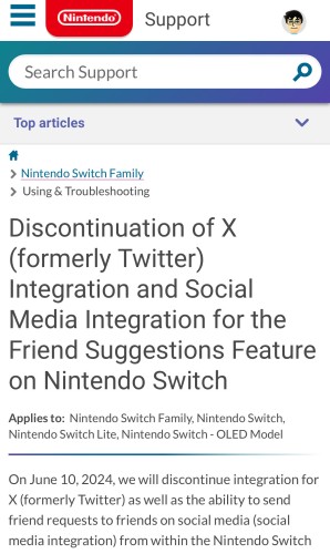 Nintendo Announcement 
Discontinuation of X (formerly Twitter)
Integration and Social Media Integration for the Friend Suggestions Feature on Nintendo Switch
Applies to: Nintendo Switch Family, Nintendo Switch, Nintendo Switch Lite, Nintendo Switch - OLED Model
