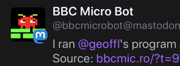 A screenshot of the bbc micro bot account on mastodon, which has a profile picture and then the mastodon logo in the bottom right hand corner overlaid