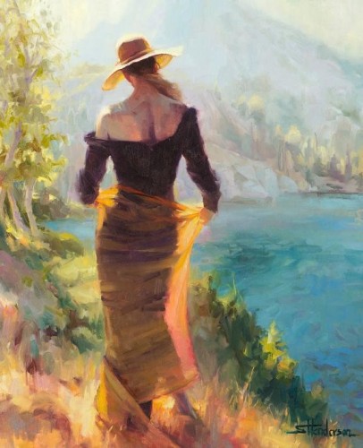 Art print of an original oil painting depicting a woman with a large, floppy hat standing at the edge of an alpine lake.