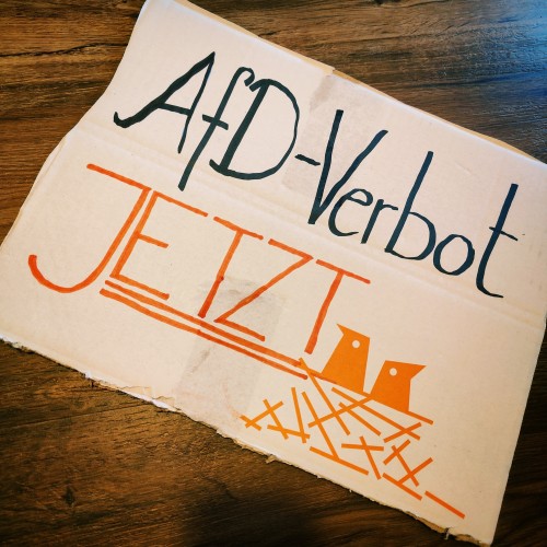 Pappschild mit der Aufschrift: AfD Verbot JETZT!