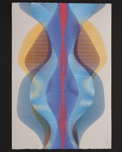 An abstract painting produced by a robotic pen plotter using a generative algorithm. Red, blue, violet, and yellow acrylic ink on pearl grey paper.