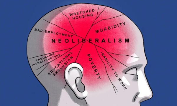 Graphic : Head with the caption Neo Liberalism in the middle with ‘wertethcd housing, morbidity poverty and other themes radiating outwards